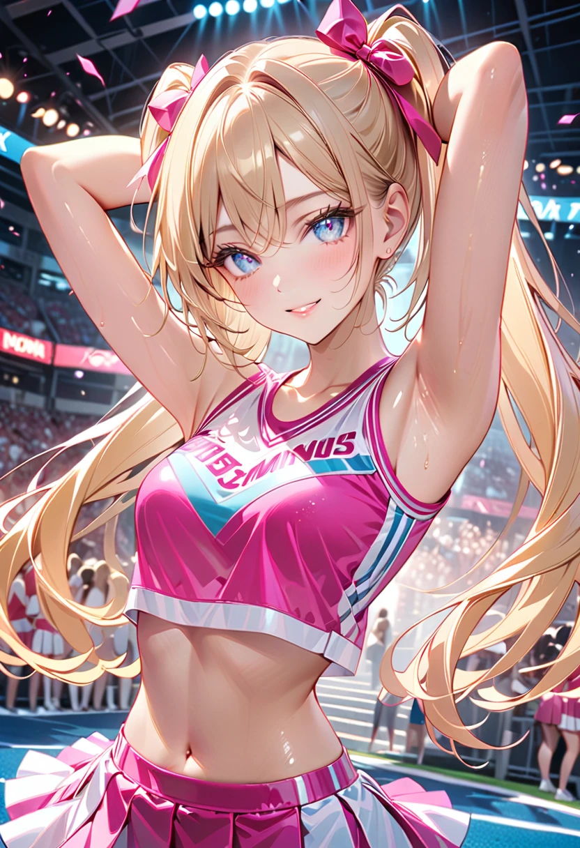 Highest Quality, masterpiece, beautifully detailed eyes, lightly curled Blonde Hair, Gradient Hair, pink highlights in hair, makeup, glossy lips, full lips, medium breasts, (cheerleader), cleavage, collarbone, midriff, (school field), smirk
