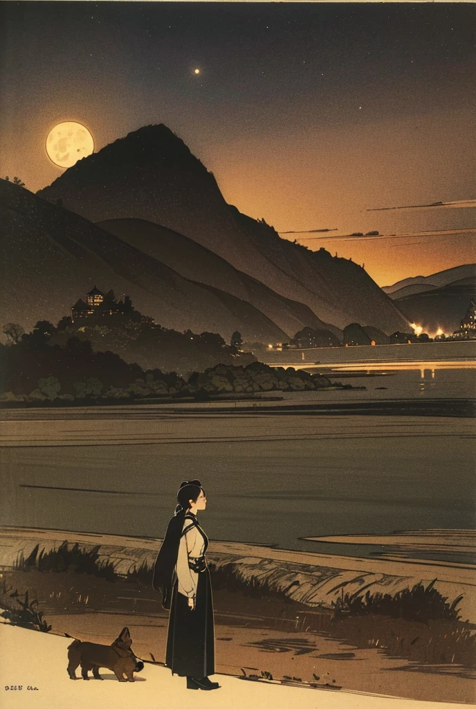 A girl with medium brown skin, long black hair tied in a ponytail, wearing black police-style clothing and police boots, accompanied by a Belgian dog. In the background, a landscape with hills and mountains at night under the moonlight (viewed from behind).