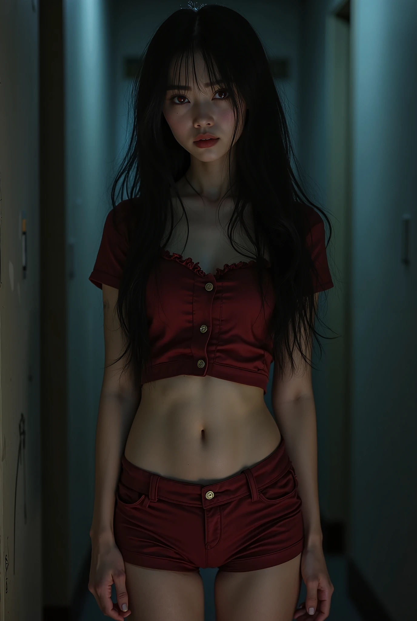 Beautiful woman wearing belly-exposing clothes kills zombies，her bare midriff exposed as she gazes down at the gory aftermath. Her ripped shirt hangs open, revealing a tantalizing glimpse of toned skin, while the severed zombie heads and scattered limbs around her feet attest to her brutal hand-to-hand combat skills. The desolate, blood-soaked alleyway provides a haunting backdrop for this petite powerhouse,cinematic lighting, masterpiece, accurate, anatomically correct, textured skin, best quality, award winning, 4K, super detail,cowboy_shot,light_smile