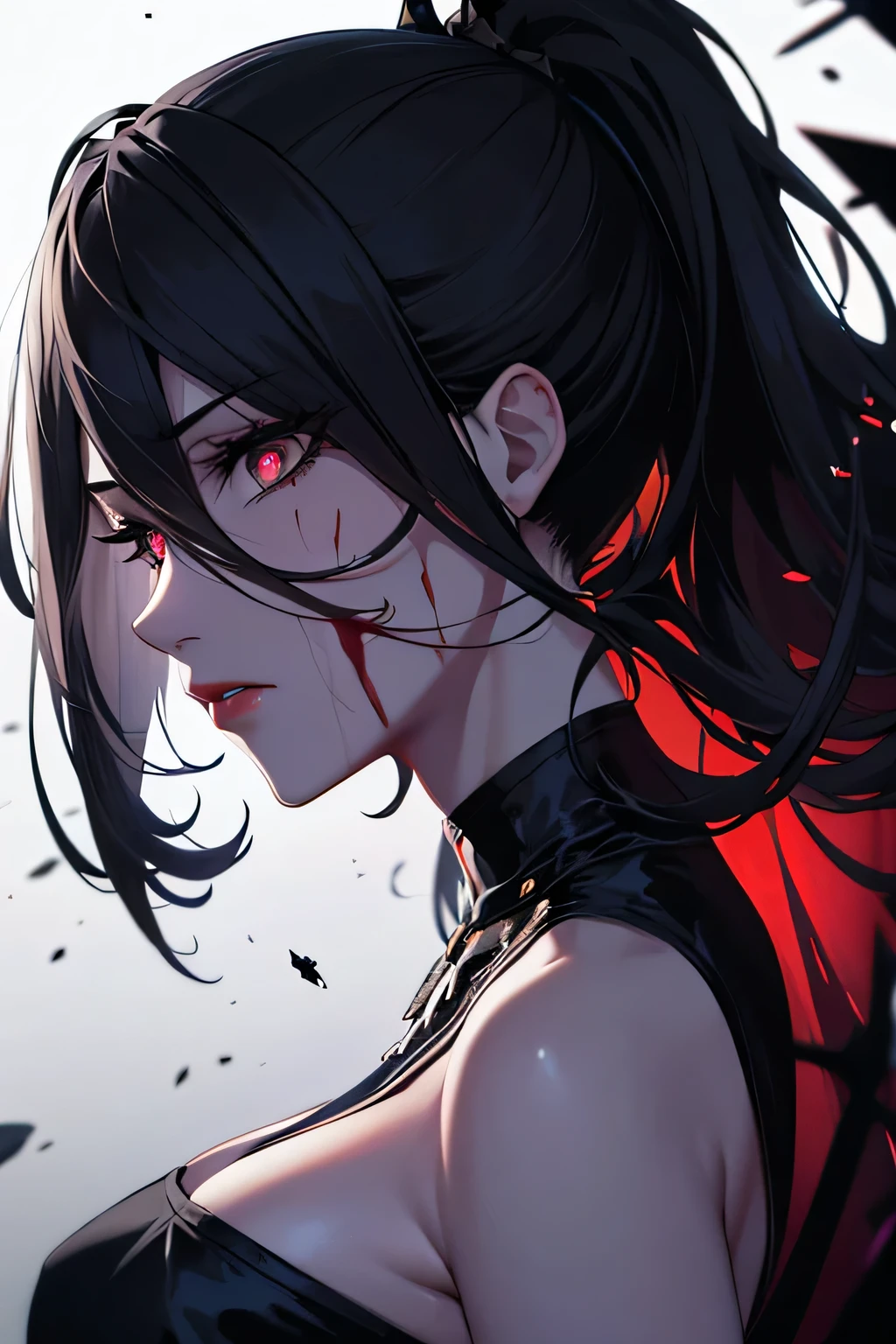 (masterpiece:1.2, best quality), (finely detailed beautiful eyes: 1.2), (detailed background,dark fantasy), (beautiful detailed face), high contrast, (best illumination, an extremely delicate and beautiful), ((cinematic light)), colorful, hyper detail, dramatic light, intricate details, (1girl, solo,black hair, sharp face,low twintails,red eyes, hair between eyes,dynamic angle), (blood splatter:1.4), swirling black light around the character, depth of field,black light particles,(broken glass),magic circle,