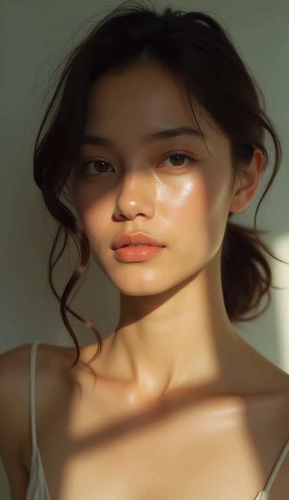 ((Top Quality, 8K, Masterpiece: 1.3)), 1 beautiful japanese lady, Slim, light Brown Hair, long wavy hair (Casual, Big: 1.2), Ultra Slender Face, real face, Delicate Eyes, Double Eyelids, seductive attractive big Smile, Open Legs, Wet, Bed, beautiful pink-colored small nipples, ecstatic facial expressions , open mouth, vagina, pubic hair, cowboy shot, hot, sweaty, ecstatic face, shy and hot expression , real skin, beautiful legs, slender abs , red cheeks , greasy oil on skin, licking, pink small areola, high angle shot from above, hugging with the camera