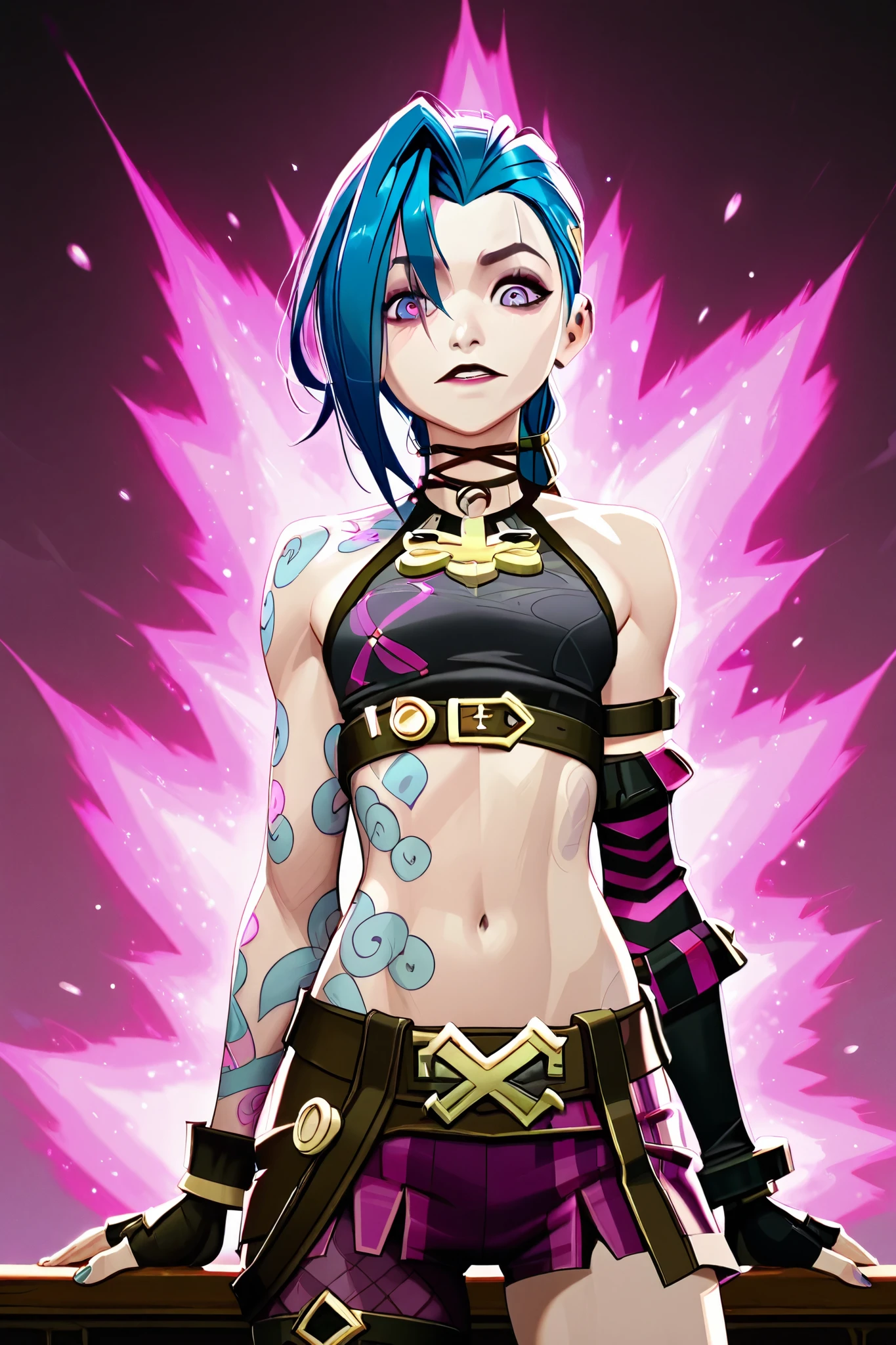 Generate a creative and playful description of a character inspired by the concept of "Nude Jinx" from Arcane, a sexy and alluring portrayal while focusing on her personality traits, style, and how she interacts with the world around her. Emphasize her mischievous nature, vibrant energy, and unique fashion sense in a light-hearted and artistic way. Ensure that the description remains respectful and highlights her role in the story without explicit content.
