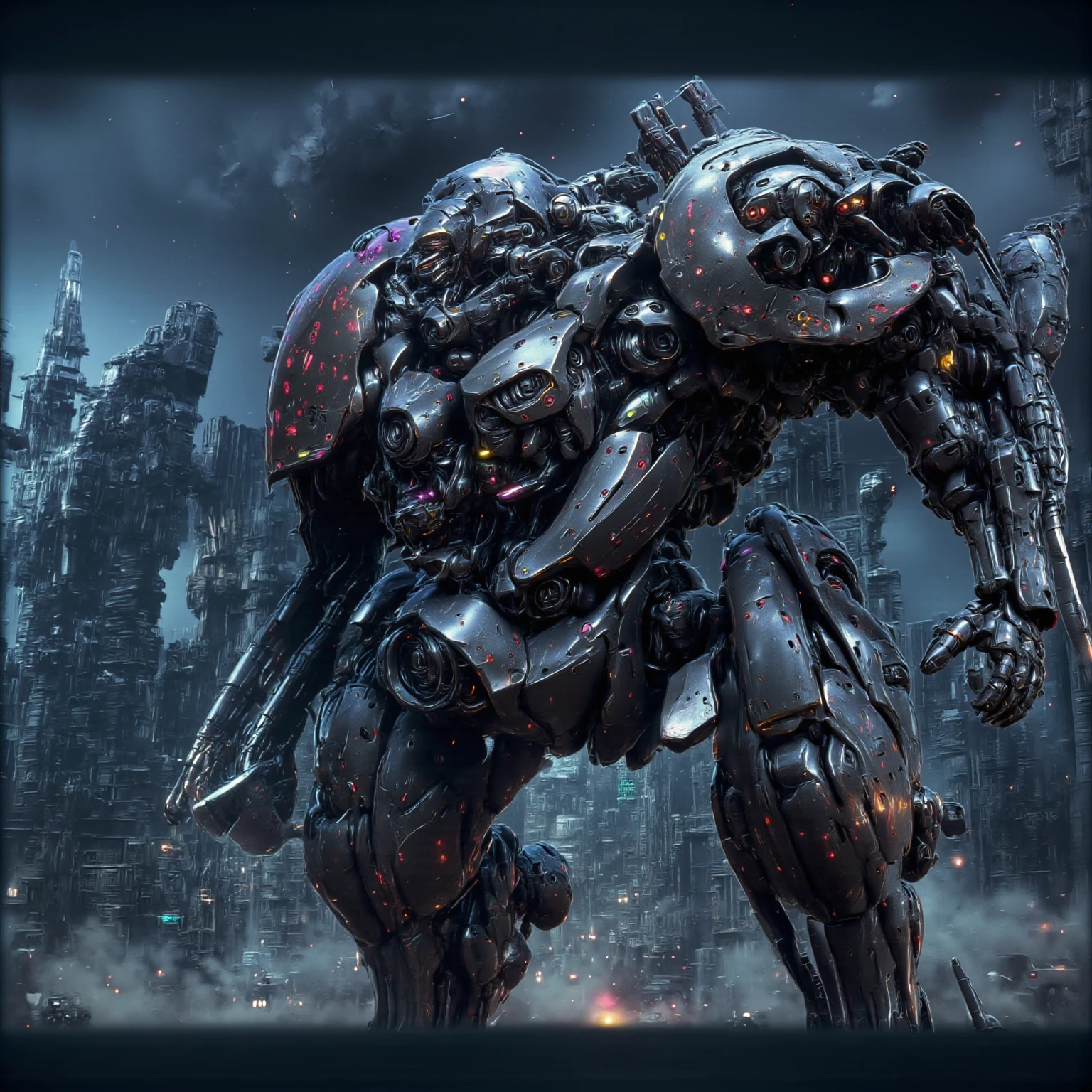 8k、 photorealistic 、 realistic、  natural light 。 Two giant humanoid robots taller than the buildings 、heroic、  sharp design with multiple round hard dots、Thin border 。 Skyscraper Street at dusk  。