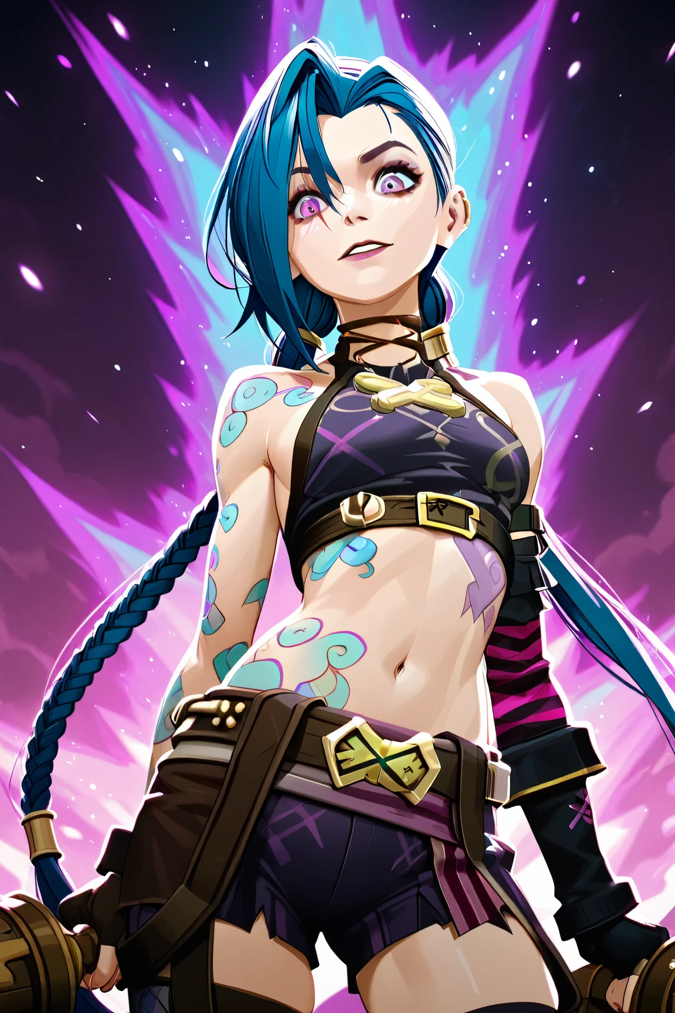 Generate a creative and playful description of a character inspired by the concept of "Nude Jinx" from Arcane, a sexy and alluring portrayal while focusing on her personality traits, style, and how she interacts with the world around her. Emphasize her mischievous nature, vibrant energy, and unique fashion sense in a light-hearted and artistic way. Ensure that the description remains respectful and highlights her role in the story without explicit content.