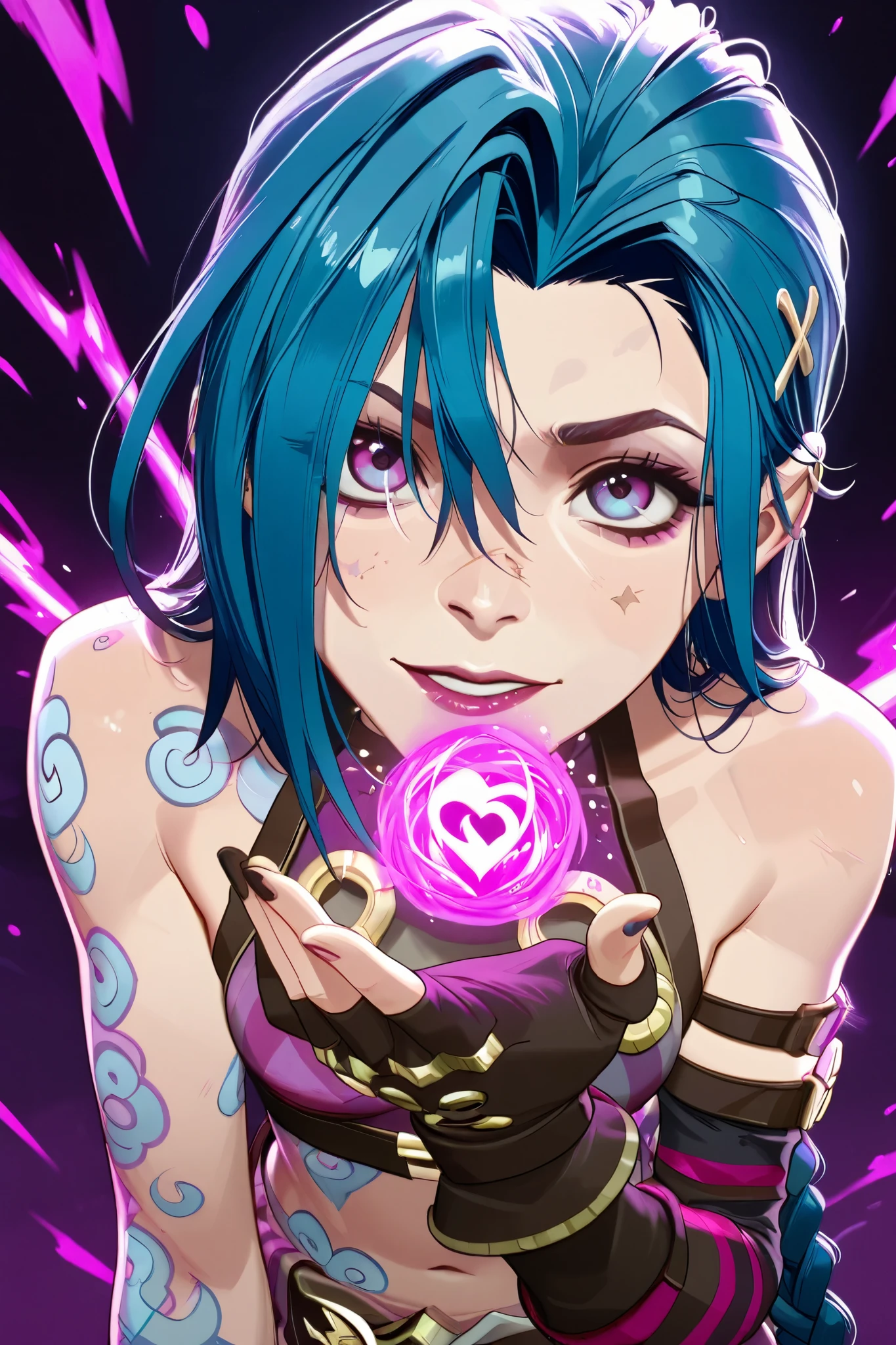 Generate a creative and playful description of a character inspired by the concept of "Nude Jinx" from Arcane, a sexy and alluring portrayal while focusing on her personality traits, style, and how she interacts with the world around her. Emphasize her mischievous nature, vibrant energy, and unique fashion sense in a light-hearted and artistic way. Ensure that the description remains respectful and highlights her role in the story without explicit content.