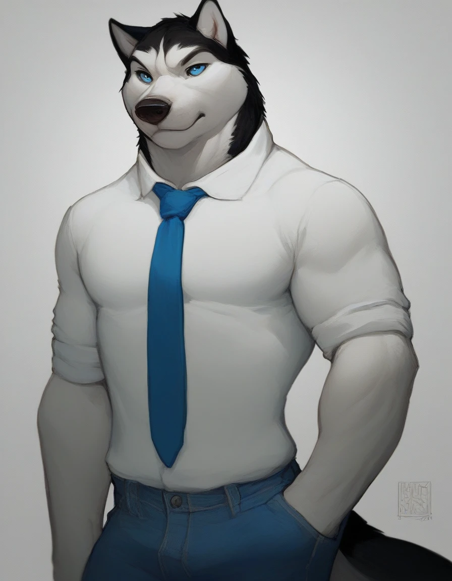 Scalie, Anthro orca, adult male orca, wearing white button down shirt, necktie, casual pose, dominant, soft smile, solo, bulky build, hard small penis, small veiny penis