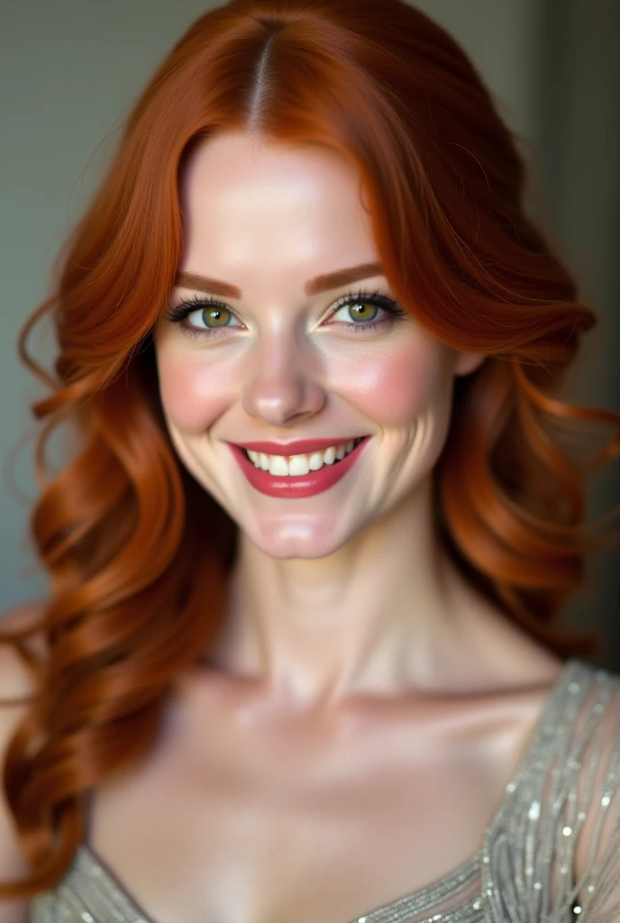 Madelaine Petsch wearing a pearl necklace and lipstick completely naked and smiling sexy