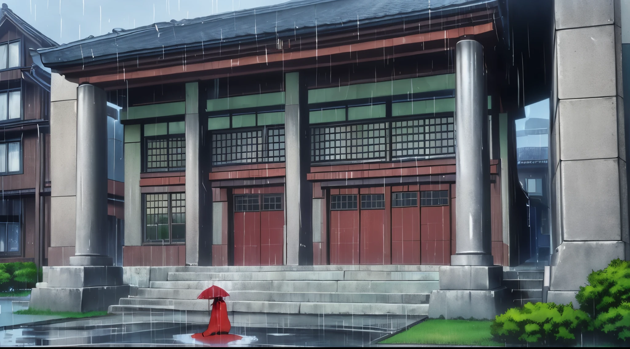 ( Rainy sky) (Raindrops falling) (Daytime)
(80’s Anime) (classic) (Vintage) (retro)

1980’s Tokyo Jujutsu High is a broad campus of several buildings build in a traditional Japanese architectural style, operating under the guise of a Buddhist temple.

The school building is well hidden on Tokyo's outskirts, far and high in the mountains. Naturally, there are a lot of Higanbana (Red spider lily) other wise known as Red Spider Lily around the property to further obscure the location.

Some elements other than the buildings reflect the Buddhist theme. There are several statues of deities, shrines, and torii gates around the campus.

(Students are there in attendance)
(View from the Sidewalk)