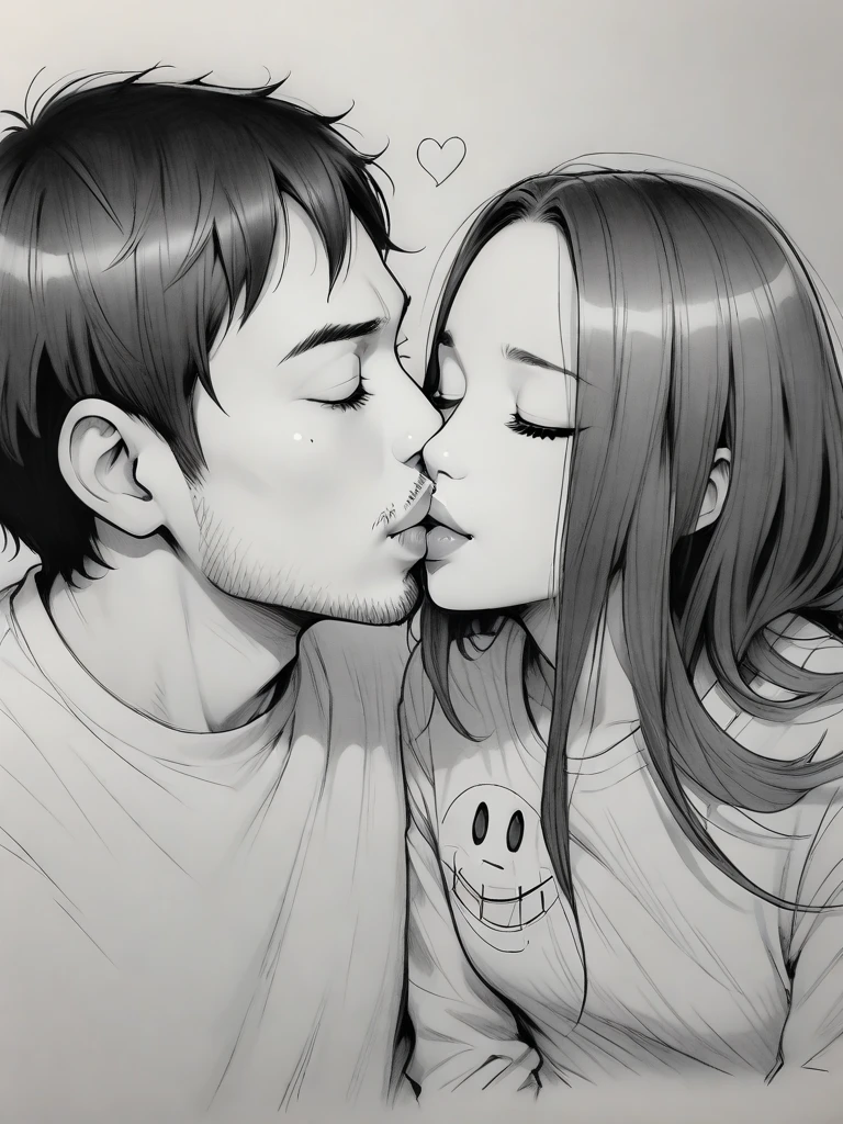 Amazing portrait of a sexy and  woman  wearing a black and white striped t shirt and a dark green skirt kissing and making out passionately with a shirtless boy on the bed in an intimate setting