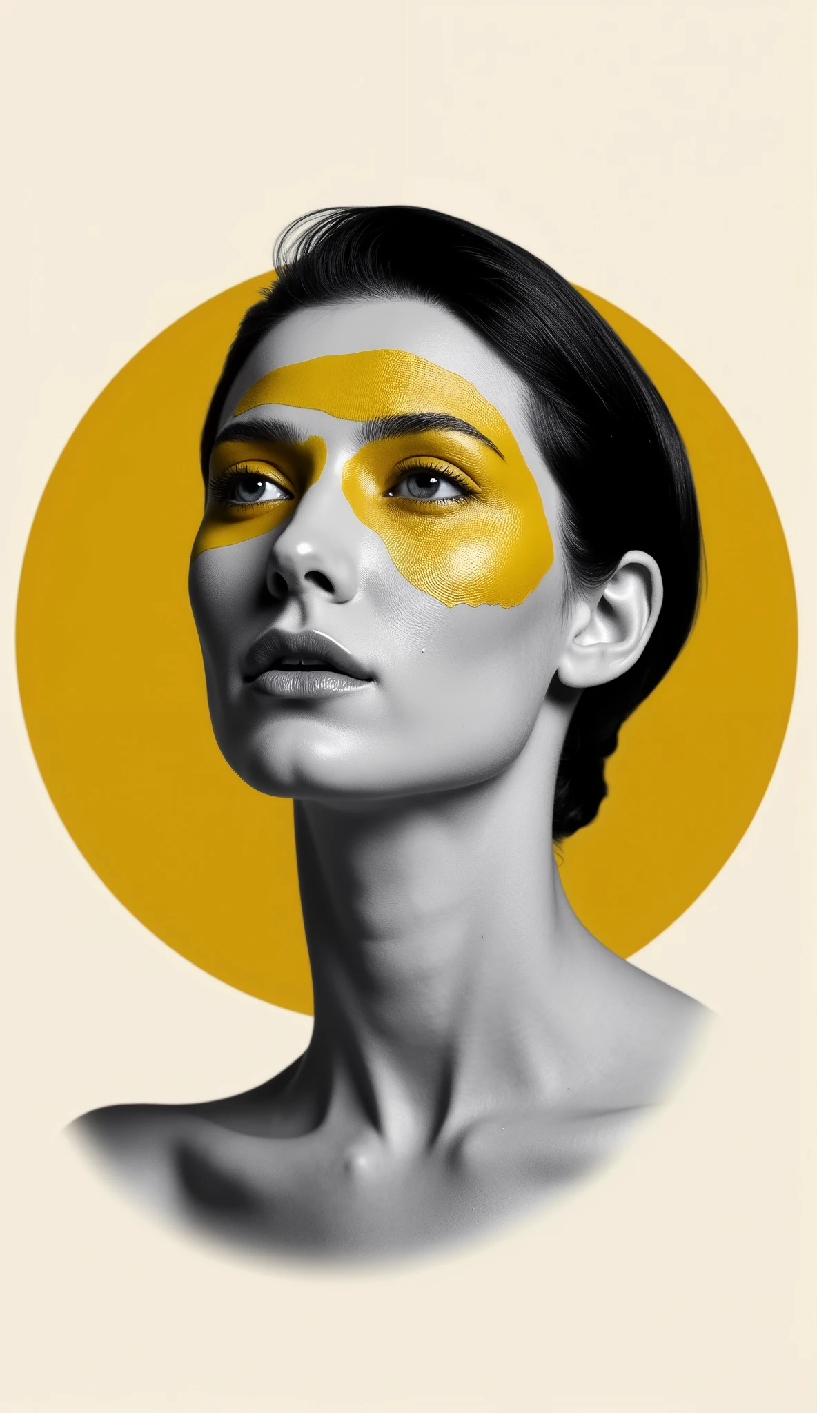 A black-and-white photograph of an elegant woman with mustard yellow and periwinkle paint brush strokes on her face. The background is a light mustard circle. The overall image has a minimalist style.