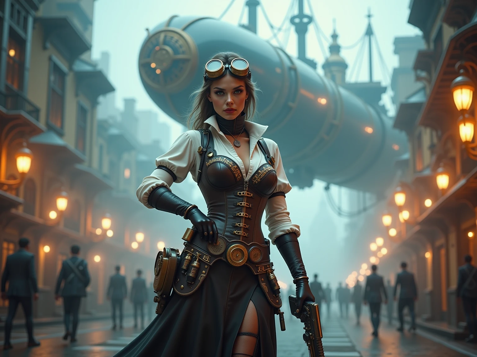 background: parade, steampunk city, airships
