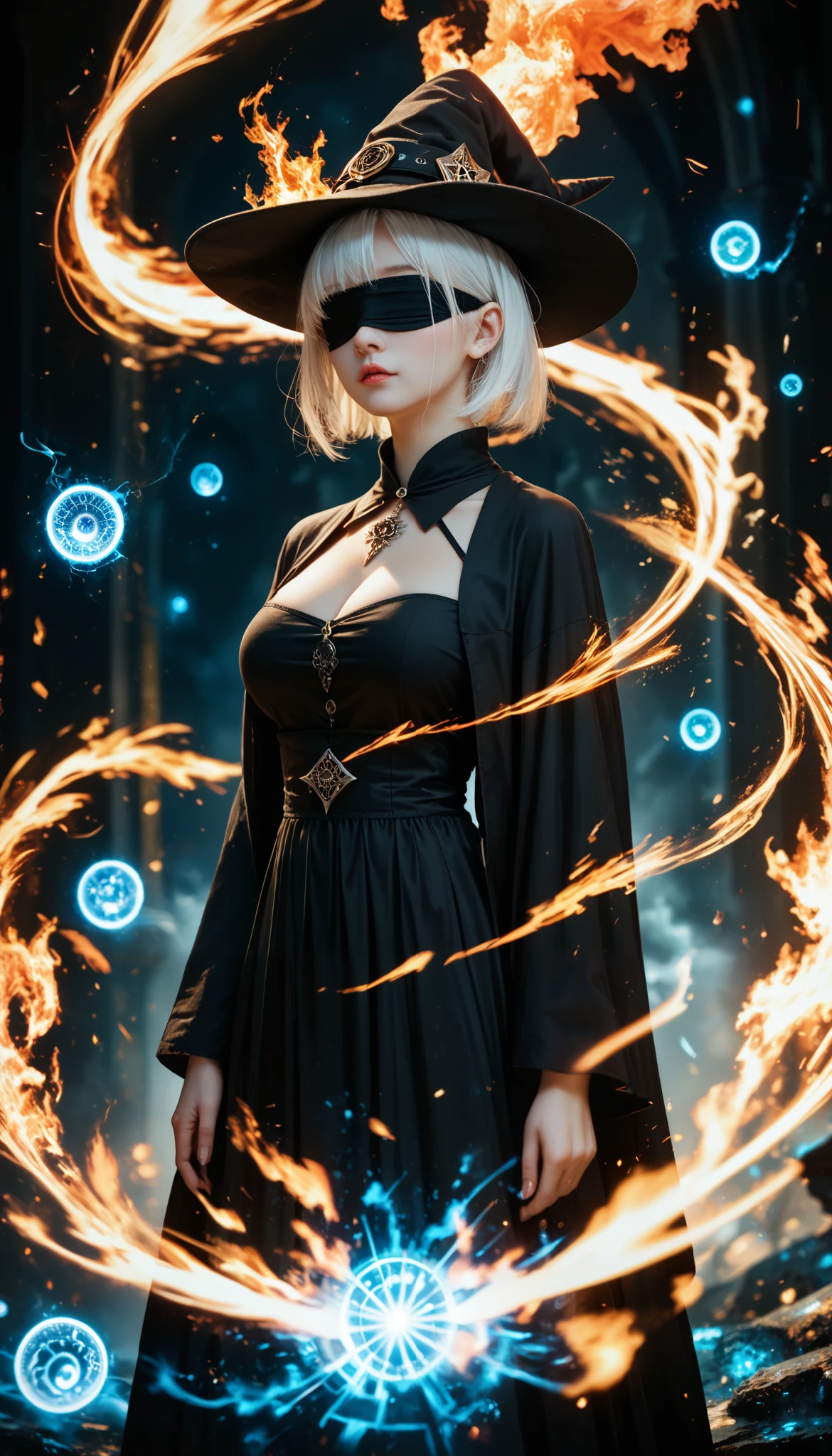 ultra high definition , 8k, Korean girl ,witch hat, black robe,Kara shirt, big boobs , best quality , White hair, magic사, magic, A huge fire comes out of the mouth, Fire Breath , Fractal Structure , Profound Background , Lots of energy, Blindfold, short hair,