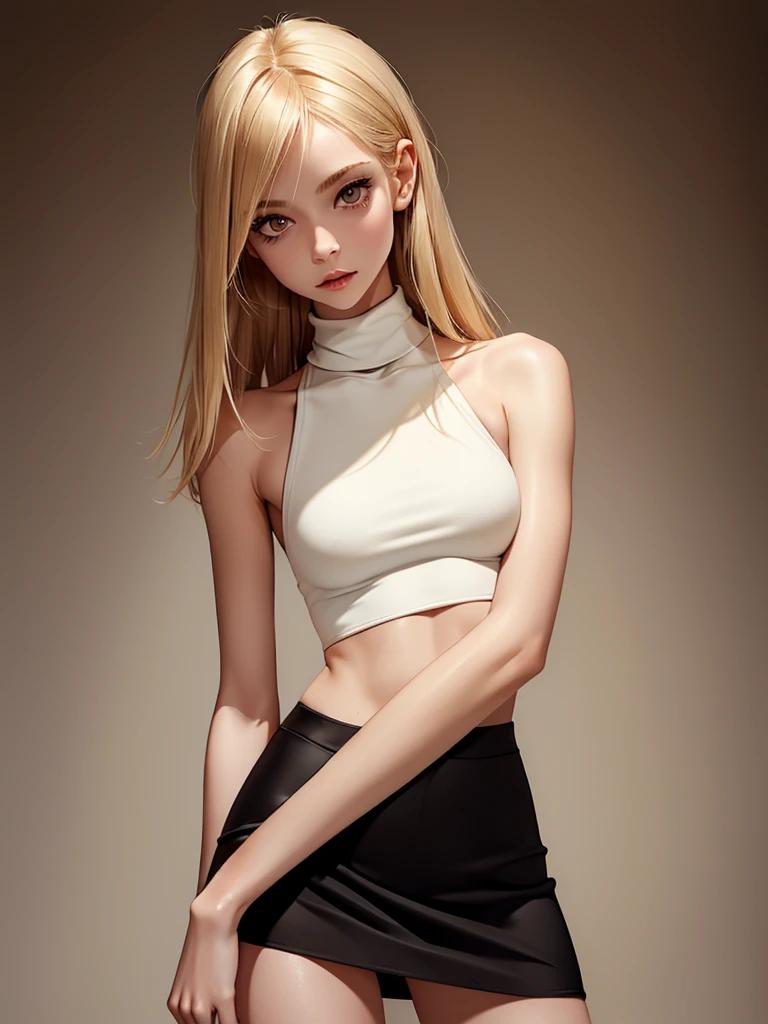 (best quality), 1girl, female, porcelain skin, blonde hair, straight hair, medium hair, swoopy tips, Flipped-up ends, brown eyes, perfect eyes, crop turtleneck top, black skirt, slender, , small bust, shy, masterpiece, anatomically correct, highres