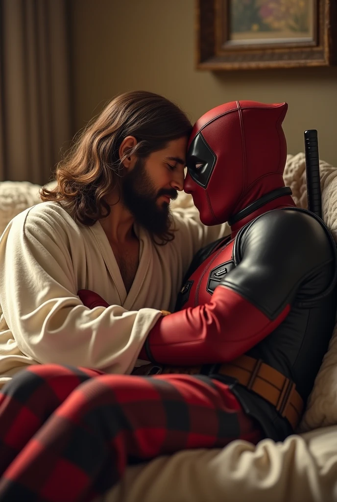 Trong phòng ngủ,, deadpool and wrlverine take off their clothes and lie on the bed, deadpool took his cock to poke worlverine's ass and thrust hard, two arms hugged tightly around wolverine's chest, and wolverine's face was very happy and red, Sharp, Pretty, uncovered, 8 K