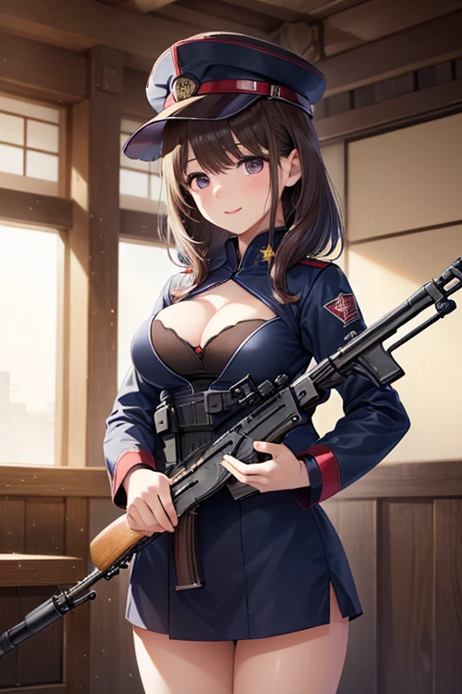 Sexy girl, dressed as a military man, with an AK-47, small tits and big ass, cleavage, loose curly brown hair, blue eyes.