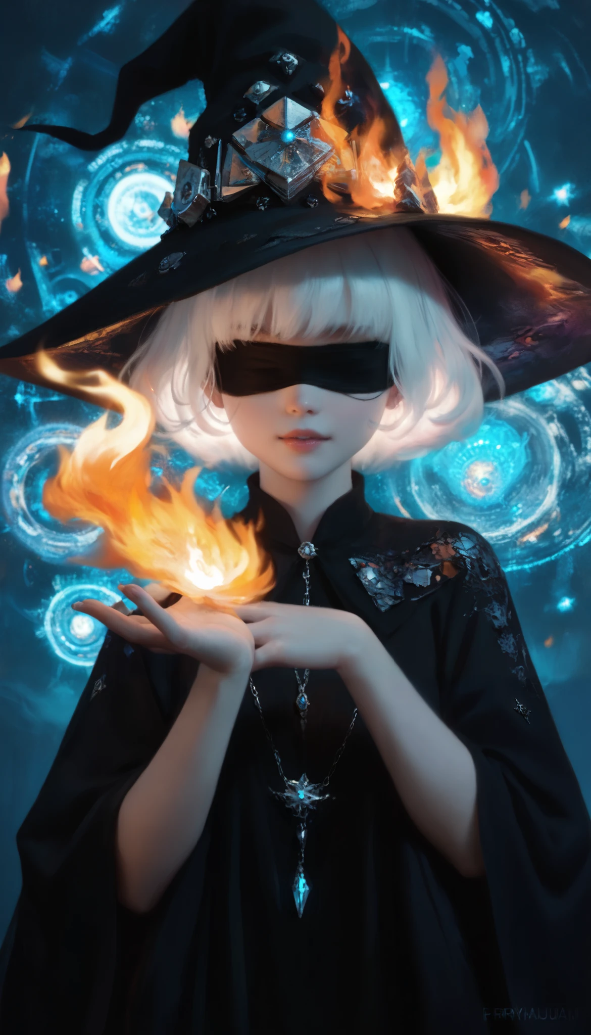 ultra high definition , 8k, Korean girl ,witch hat, black robe,Kara shirt, big boobs , best quality , White hair, magic사, magic, A huge fire comes out of the mouth, Fire Breath , Fractal Structure , Profound Background , Lots of energy, Blindfold, short hair,