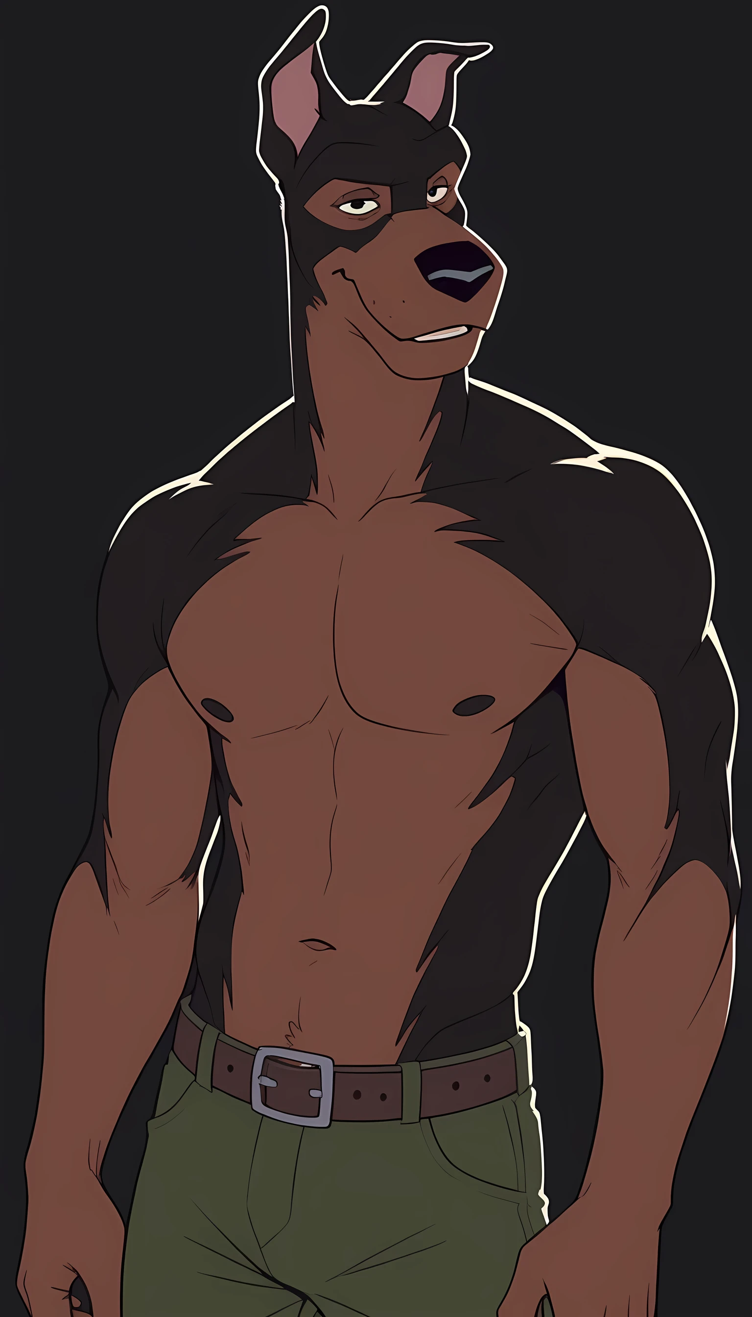 BusterLT, furry, anthro, anthro body, canine, doberman, black eyes, black nose, black body, black fur, brown body, brown fur, two tone body, two tone fur, pink inner ear, solo, athletic build, muscular, muscles, (flat colors, no shading), simple background, black background, detailed, posing, looking at viewer, smile, strong posture, shirtless, bare chest, belt, pants, muscular neck, half body, half view,