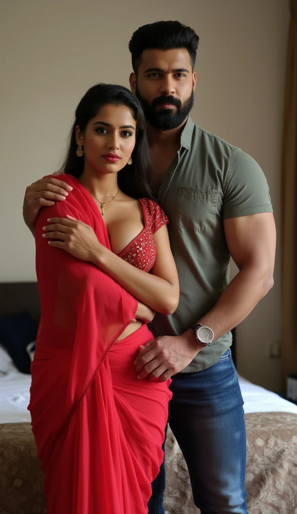 Newly wed indian couple, hot curvy white south indian milf with long hair, big breast, big hip, very big ass, thick thighs, woman wearing sexy dress, cleavage, indian couple, very short indian black man with side fade haircut, very big muscular body and beard, man wearing shorts, woman with man, couple in house balcony, high resolution, couple looking at camera, tall woman and short man, close-up potrait, Closed Mouth, serious face, front full body view, 