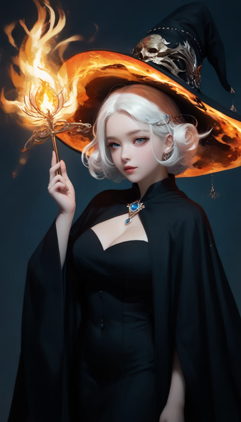 ultra high definition , 8k, Korean girl ,witch hat, black robe,Kara shirt, ( huge :1.3), best quality , shiny white hair, magic사, magic, A huge fire comes out of the mouth, Fire Breath , Fractal Structure , Profound Background , Lots of energy, Blindfold, short hair,