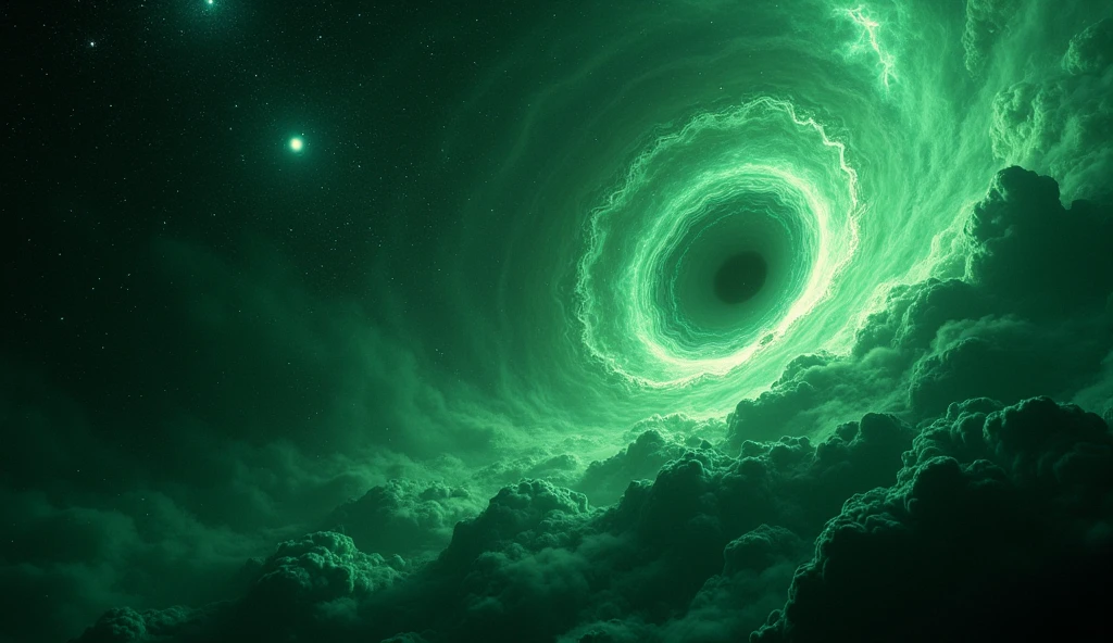 realistic scene of a green and black universe