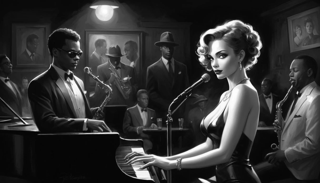alabama bar, blue note, charismatic, baterist, guitarist, saxophonist, jazz band, yellow dress, illustration, noir fantasy, singer blonde lady, 