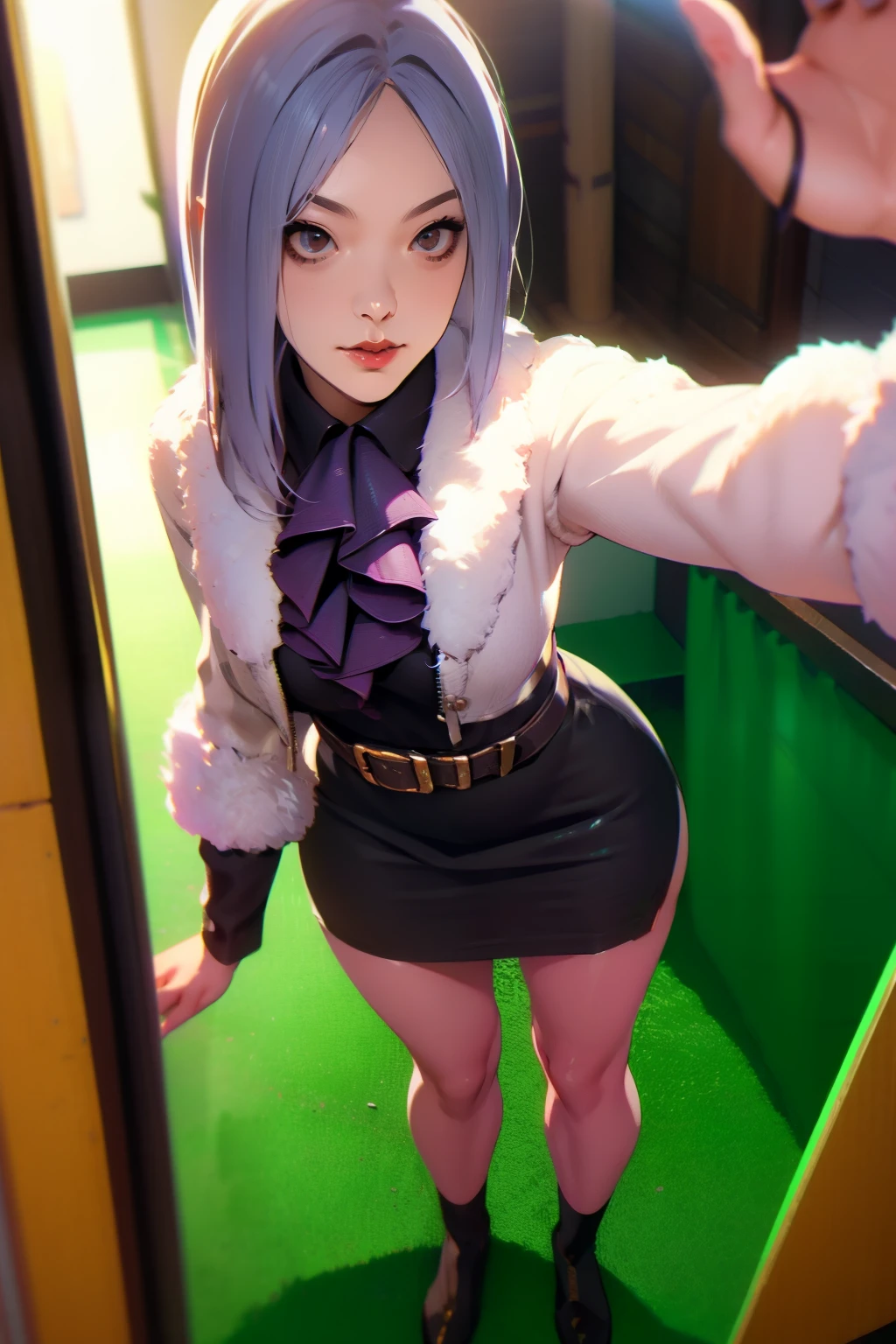 1 , yun jin lee personagem do jogo dead by daylight, Yun Jin Lee sobrevivente, Dead by Daylight ultra preciso detalhado, Vista traseira, perfil Brilho, Obra-prima, Melhor qualidade, cabelo lilaz, Photorealistic style, Instagram pic, selfie, ((Full body)),  large almond eyes, sexy uniform, detailed skin, enormeous breast)) ((curvy muscular body)) muscled sexy,  realistic detailed, excited, depth of field, reflection light, god rays, social media composition, cowboy shot, wide shot, from above, f/1.8, 85mm, Nikon, 16k, masterpiece, high details, high quality, highres, wallpaper, correção dos olhos, correção de postura, correção de pose , 24-year-old female,  long legs,sexy ,exaggeratedly short dress ,long sleeves, ultra black dress ,semi-exposed thighs ,(hips:1,62)