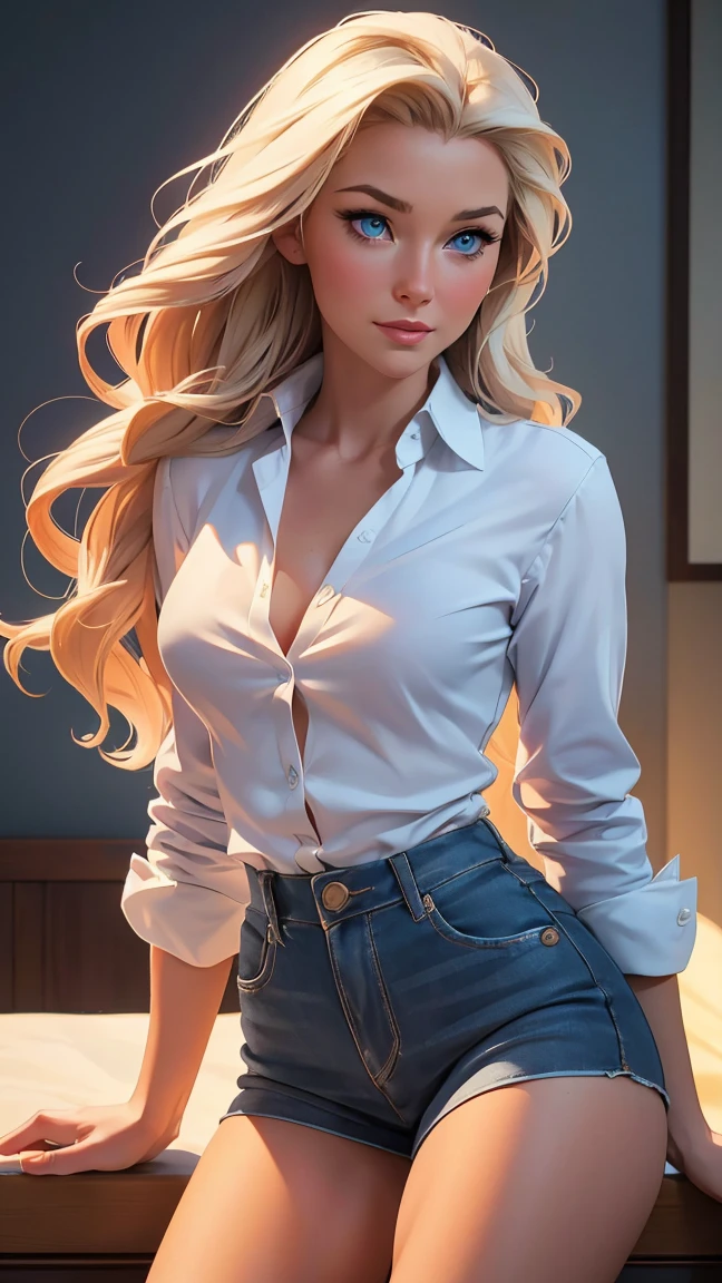 woman 18 years old,  long blonde hair, greeneyes, white blouse with neckline, medium sized breasts , Skinny jeans, coxas grossa, quadril acentuado 
