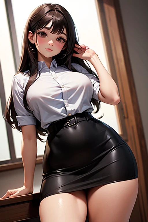 (Highly detailed skin, dark brown hair, beautiful detailed hair, delicate beautiful face, seductive smile, beautiful detailed eyes, large_breasts, real skin texture), (big, 20yo,, appeal, sexy), (narrow eyes, blush, dark brown eyes), Japan person, attractive face, perfect body, oiled skin, glistening skin, high gloss skin, constriction, professional lighting, from below, 1 girl, full body office lady, standing pose, classroom, (short white loose school shirt with buttons: 1.6), (underboob: 1.6), (lower breasts visible: 1.6), (tight shiny black skirt: 1.6), (navel: 1.6), (high heels: 1.2), long curly hair, from behind, white panties, (lower breasts), real, black pantyhose,