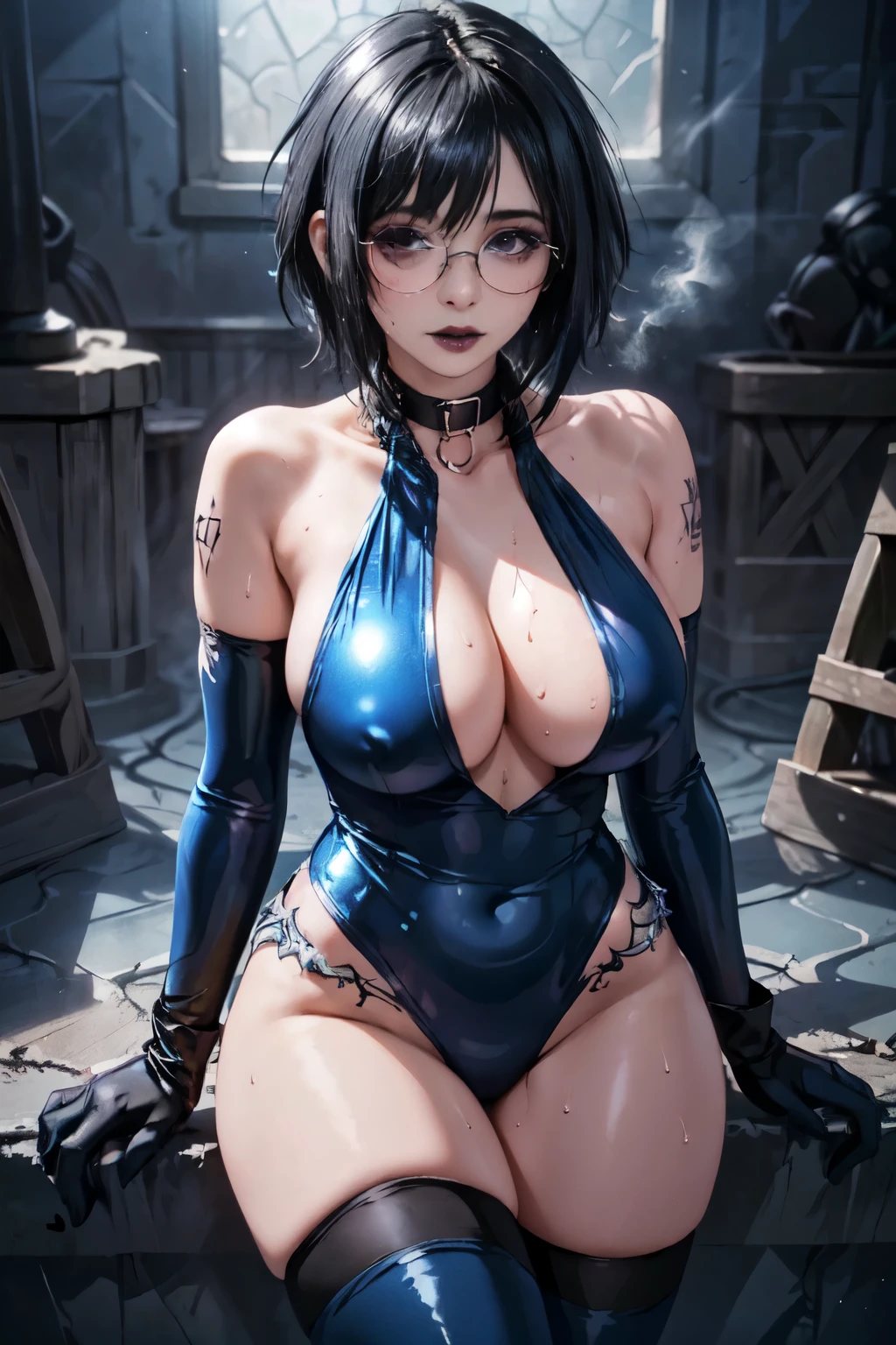beautiful detailed eyes, beautiful detailed lips, extremely detailed eyes and face, long eyelashes, 1girl, purple hair, blue eyes, extremely short hair, freckles, framed eyeglasses, heart shaped choker, happy, smiling, blushing, thick lips, full lips, gigantic breasts, very thin body, high leg dress, high leg outfit, dress, thigh-high leggings, high heels, perfect anatomy, detailed background, (best quality,4k,8k,highres,masterpiece:1.2),ultra-detailed,(realistic,photorealistic,photo-realistic:1.37),vibrant colors,soft lighting,portrait