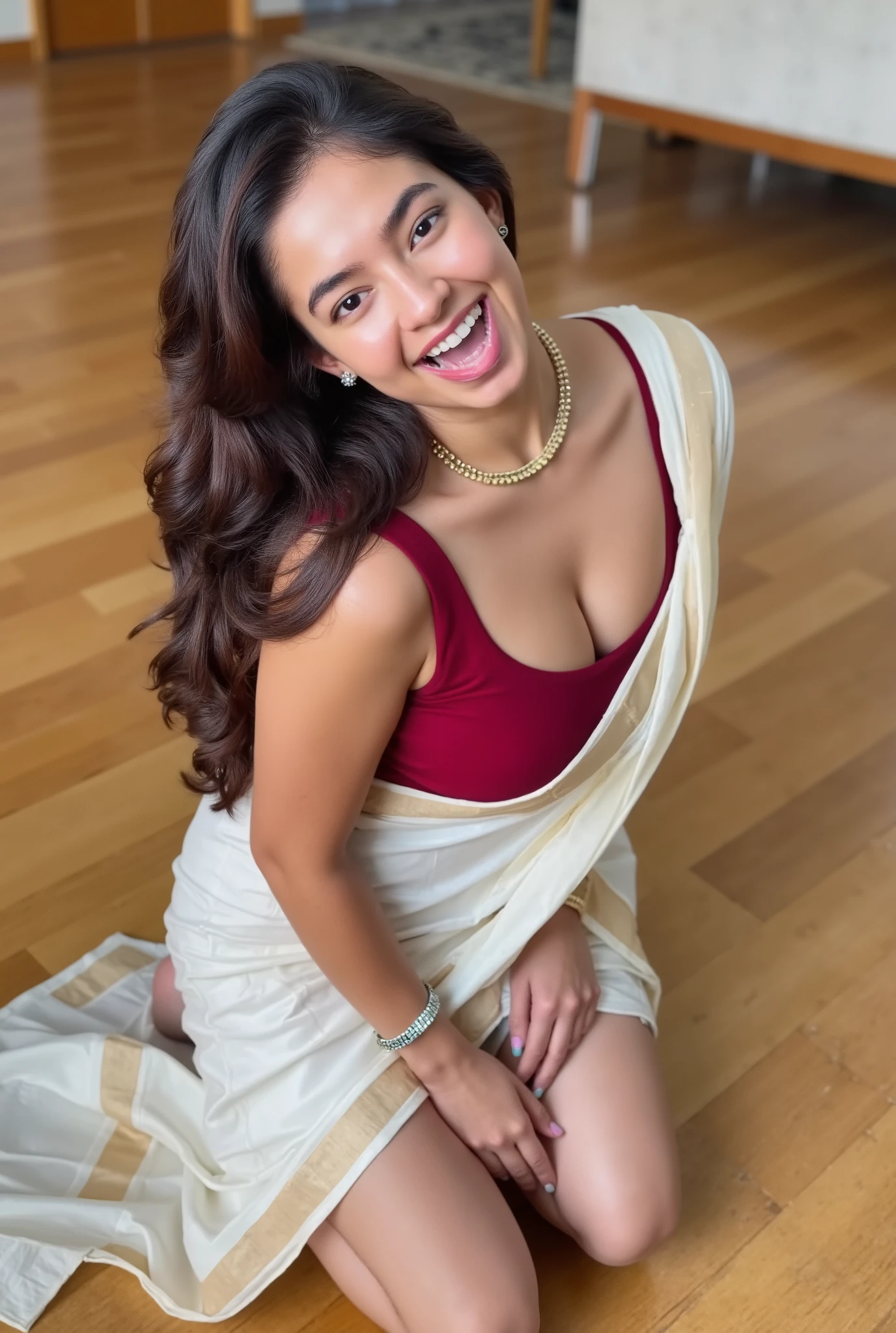 a beautiful young 18 years , Hippie girl, (mouth very wide open and smiling), flawless Babyface, thick lips, , eyes  wide Open, wearing very short dress, kneeling on hardwood floor, viewed from above, tounge Out, drooling, feucht nass,naked,waiting for a load of cum, voll mit Sabber, läuft aus dem Mund ,Zunge weit raus, errekt, Gesichtsausdruck kurz vor dem Orgasmus,Show 