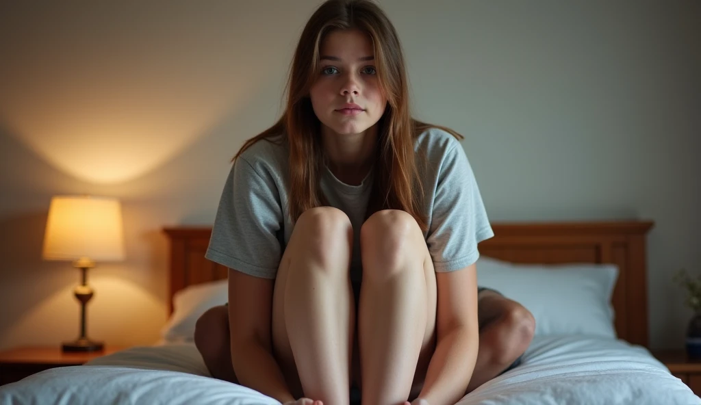 Mejor calidad, hyper realistic, Detalles, 8K, adolescente, Fifteen years old, shy, triste, palidez, grandes ojos azules, piel muy blanca, small nose, short brown hair with bangs, white nightgown, room, melancholia