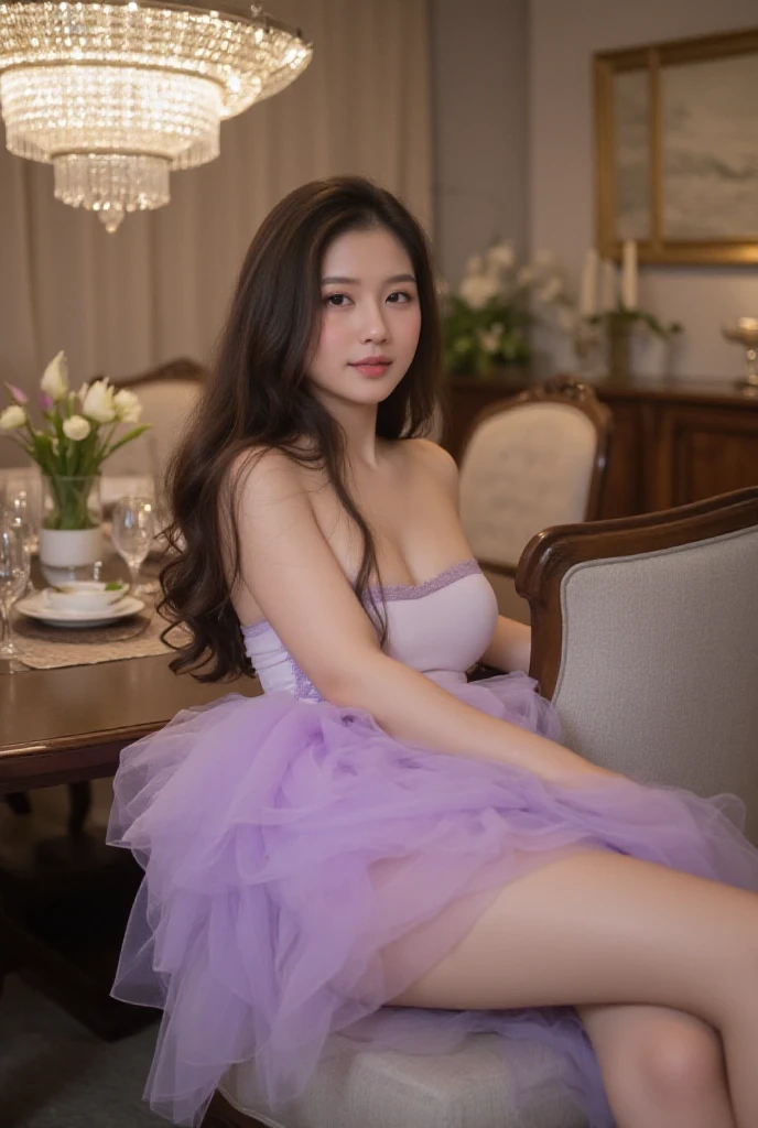 A Thai woman with long, flowing hair styled in loose waves, lounging on a plush sofa in a light lavender tulle skirted thong lingerie. The tulle skirt is soft and delicate, resting gently over her thighs, while the thong is visible beneath the sheer layers. She is reclining comfortably, her legs slightly crossed, with the soft tulle spreading around her. The room is softly lit by a crystal chandelier, creating a dreamy, romantic atmosphere that complements the ethereal beauty of the tulle lingerie., A beautifully set dining room table with elegant dinnerware, wine glasses, and a centerpiece of fresh flowers. The dining room features a wooden table, upholstered chairs, and a large chandelier hanging above. The background includes a tastefully decorated sideboard and framed artwork, creating a sophisticated and inviting atmosphere.