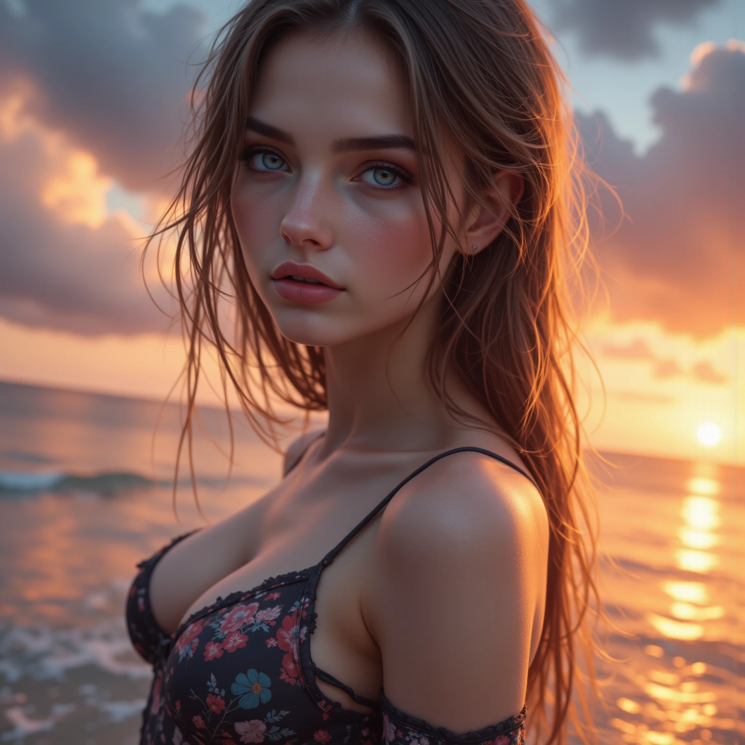 head of&#39;artwork, best quality, high quality, CG, 8k, wife,beautiful girl with long wavy hair, yeux verts.  She has tanned skin and is cute. bathes in the sea, ultra realistic sunset. 4K
 . ultra realistic 