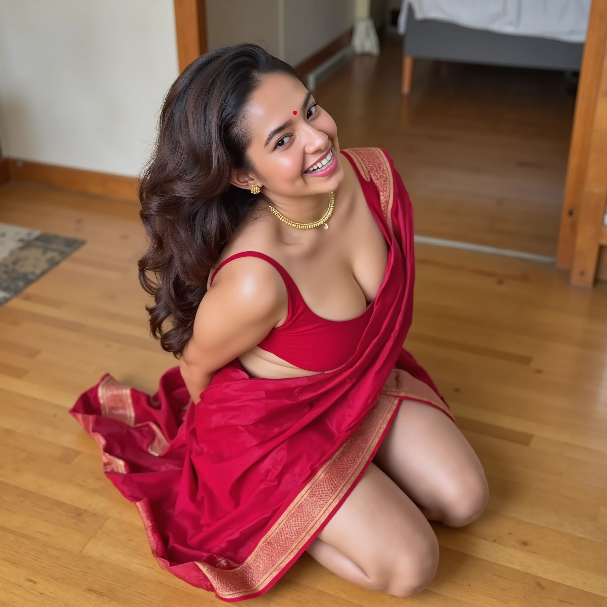 a beautiful young 18 years teen wearing red saree, Hippie girl, (mouth very wide open and smiling), flawless Babyface, thick lips, , eyes  wide Open, wearing very short dress, kneeling on hardwood floor, viewed from above, tounge Out, drooling, feucht nass,naked,waiting for a load of cum, voll mit Sabber, läuft aus dem Mund ,Zunge weit raus, errekt, Gesichtsausdruck kurz vor dem Orgasmus,Show 