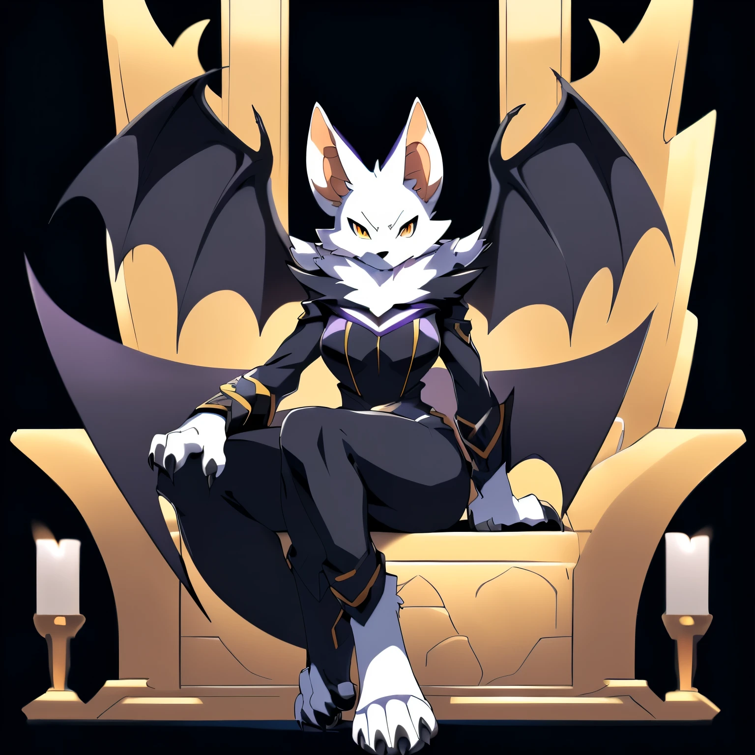 Anime, anime style, ((single person:2)), ((solo drawing:2)), ((solo:2)), ((sitting on a throne)), ((female Anthro bat)), ((Tall figure)), ((buxom figure)), ((short white fur)), clawed hands, ((clawed paws)), ((Single Pair of Wings)), ((Huge Bat Wings)), ((Purple and black Bat Wings)), ((white bat ears)), ((wearing an intimidating outfit)), ((white face)), ((neutral expression)), vivid golden eyes, ((digitigrade legs)), ((digitigrade feet)), ((solid black background)), highly detailed anime style, clean lines, white face, short white muzzle, white furry cheeks, white furry muzzle, ((white foot paws)), ((foot paws with four toes)), ((Claws on paws))