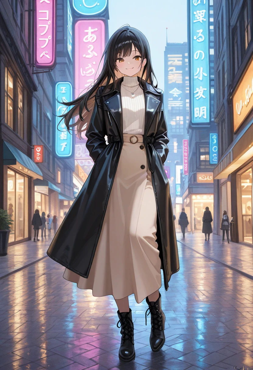 A fashionable woman wearing a sleek black leather coat , wafting elegance . Her long, and her shiny hair flows down to her waist , And she's warm to the waist , Confident Smile . wears a beige skirt and stylish boots, creates an impeccable style . The background is a softly illuminated city street , adds a modern and cozy vibe to the scene .