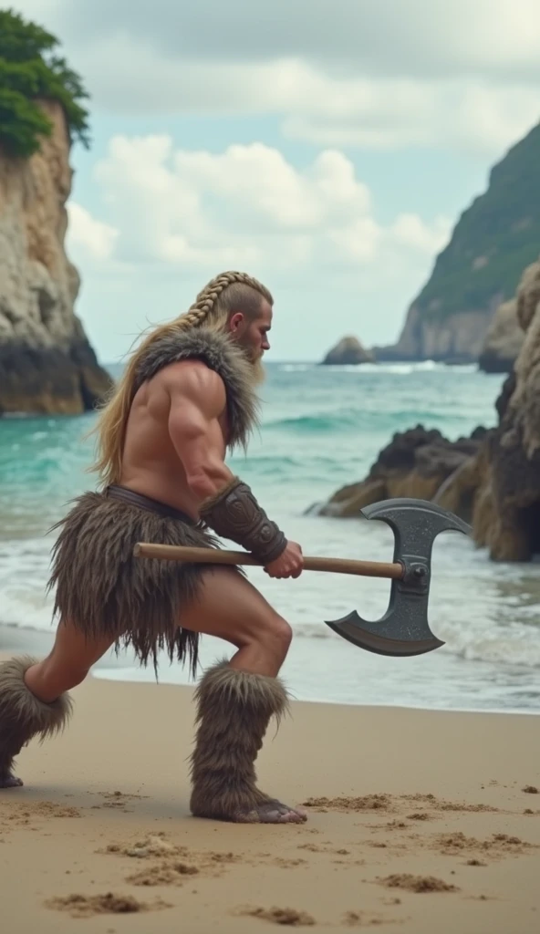 A Viking is playing volleyball and is spiking the ball making it hit the ground