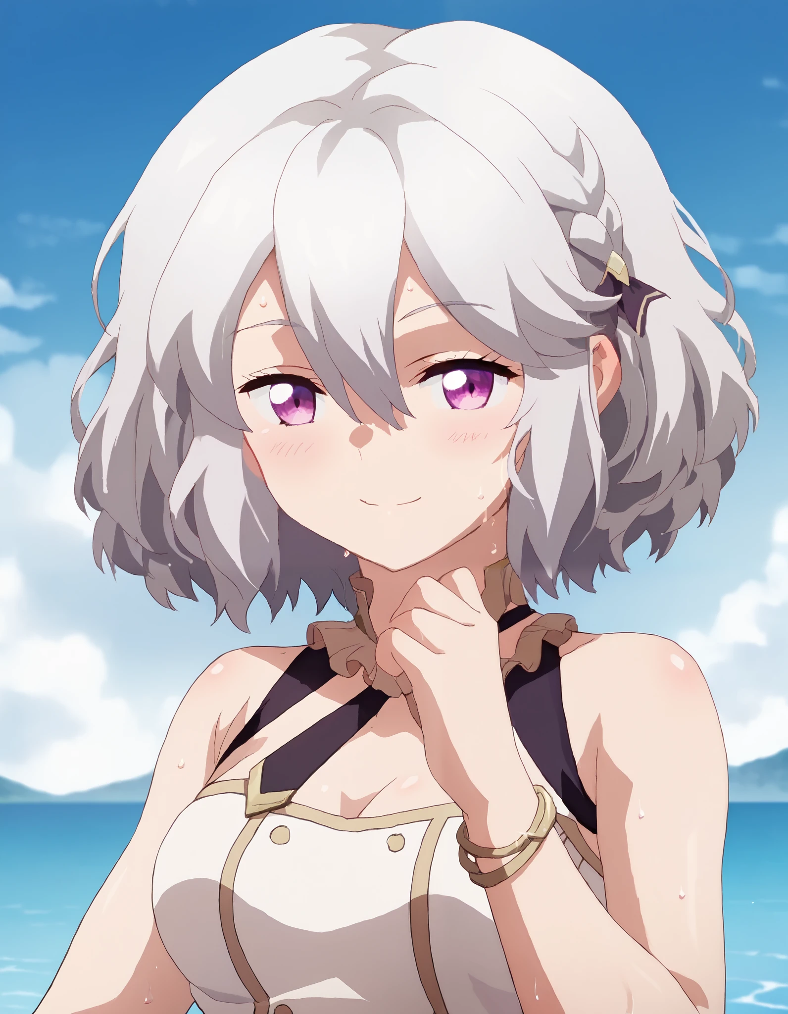 score_9,score_8_up,score_7_up,score_6_up BREAK official art, 1girl, solo, purple eyes, breast, short hair, grey hair, hair between eyes, upper body, look at the viewer,  blush, blue sky, bracelet, braid, closed mouth, cloud, cumulonimbus cloud, day, dress, jewelry, sky, solo, smile, sweat, water, white dress
