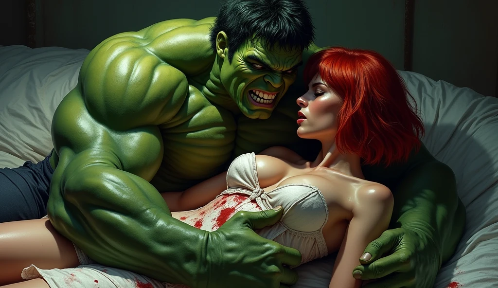 (((Poison Ivy))), (((man completely nude))), High quality, best quality, masterpiece, (((1boy, 1girl))), (((hetero:1.5))), mature woman, curves, (((long wavy redhead hair))), green eyes. cleavage. (((woman completely nude))), nsfw, (((couple focus))), (((lots of cum, ejaculating huge load))), (((ahegao, screaming orgasm face))), (((rape, rough sex, full nelson position, large penetration, extremely large muscular man, size difference, huge penis, thick penis, masivepenis, stomach_bulge, cum in pussy, cum overflowing from pussy, large breasts)))