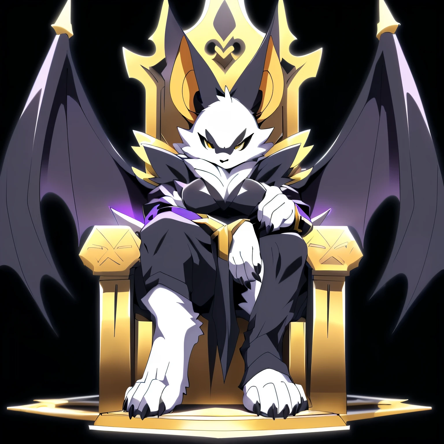Anime, anime style, ((single person:2)), ((solo drawing:2)), ((solo:2)), ((sitting on a throne)), ((female Anthro bat)), ((Tall figure)), ((buxom figure)), ((short white fur)), clawed hands, ((clawed paws)), ((Single Pair of Wings)), ((Huge Bat Wings)), ((Purple and black Bat Wings)), ((white bat ears)), ((wearing an intimidating outfit)), ((white face)), ((neutral expression)), vivid golden eyes, ((digitigrade legs)), ((digitigrade feet)), ((solid black background)), highly detailed anime style, clean lines, white face, short white muzzle, white furry cheeks, white furry muzzle, ((white foot paws)), ((foot paws with four toes)), ((Claws on paws))