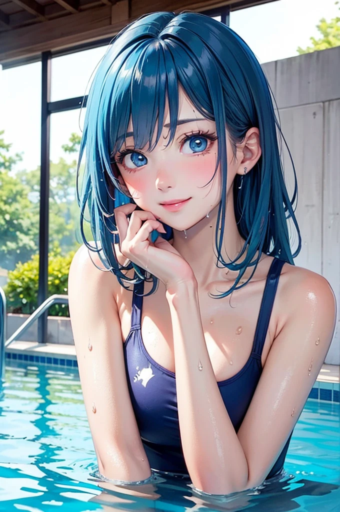 depth of field, cinematic lighting, motion blur, chromatic aberration, ray tracing, anime, 8k, super detail, best quality, 1080P, HD, 4K, 16k. Sexy woman in swimming pool on a sunny day, smiling, cute blue bikini