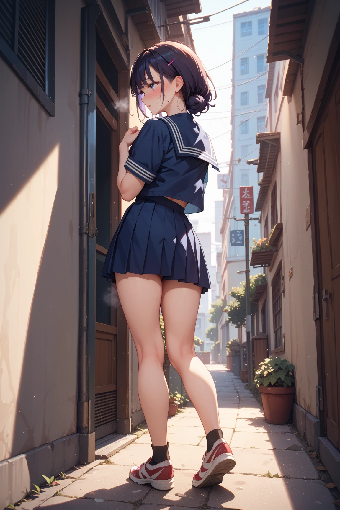 perfectly detailed, best quality, score_9, score_8_up, score_7_up, Anime, sukebe,
1girl,((18YO:1.2)), adult, lips, big clear eyes, dark blue eyes, black hair, (single braid: 1.2), blush, :o, small breasts, perky breasts, skindentation, narrow waist, skinny, outdoors,
lips,necklace,blurry,lips,depth of field,blurry background,
sailor school uniform,uncensored, blush, surprised,looking at viewer, ((ACCIDENTAL EXPOSURE, SKIRT LIFT, BAG,from behind)),
perfect feet, perfect eyes, Perfect Hands, Detalied, Absurdres, highres, 4k, 8k, intricate detail, cinematic lighting, amazing quality, amazing shading, soft lighting, Hentai,