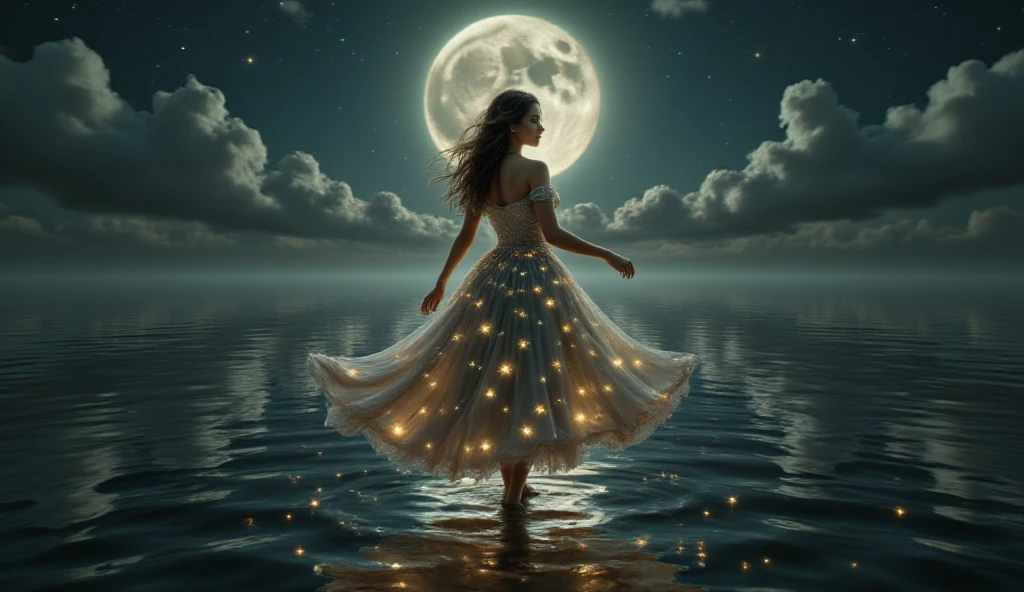 A woman with luminescent eyes, her dress a cascade of stars, dancing on an endless, reflective water surface under a full moon.