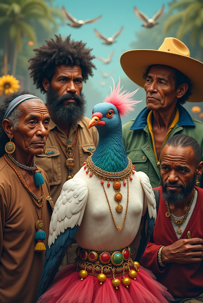 Mutant chicken crazy dressed as a Colombian drinking coffee sitting on a Rimax brand chair with Poseidon at his side drinking coffee in Colombian clothes 