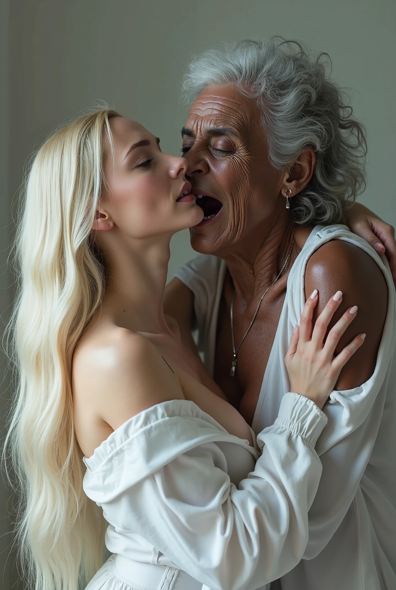 (kissing penis deepthroat:1.5), (penis cum:1.4), (huge breast with pointed nipples:1.6), (queen elizabeth 90yo:1.4) at hospital (kissing doctor:1.5), (look down:1.4), (covered in cum on face:1.4) (nsfw:1.4), (white chiffon blouse:1.5) and (black skirt:1.3), (from belove:1.4)