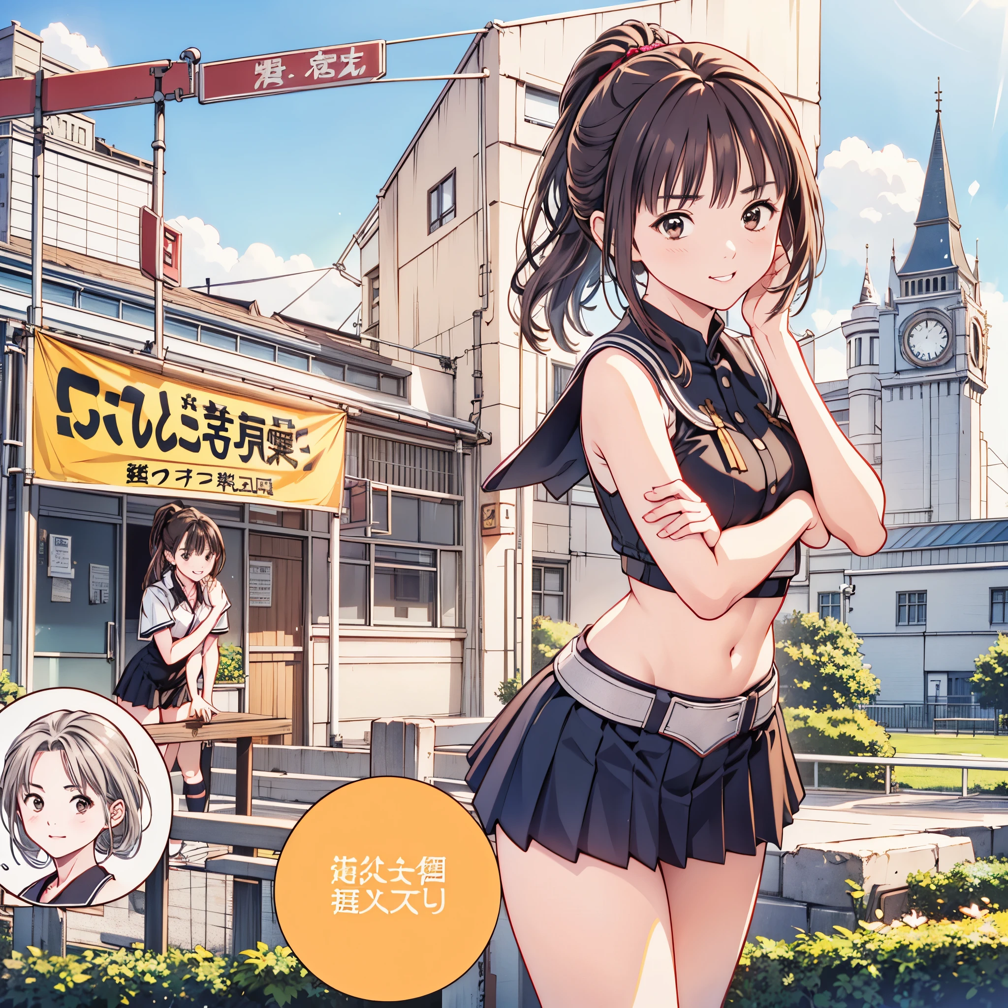 (8k、 best quality 、masterpiece:1.2)、( realistic、 ultra-detailed 、 super A high resolution、 2 girls、(One person has silver hair 、一人は tea hair )、 beautiful detailed faces、smile、narrow、( Slim Waist ) :1.3)、summer服、summer 、 skin texture、 floating hair、 Professional Lighting 、 high schoolnts服 人体全体、 tea hair、Shy、Mikity、 romantic 、((Junior high students、、Poses))、Hokkaido、Clock Tower、move、