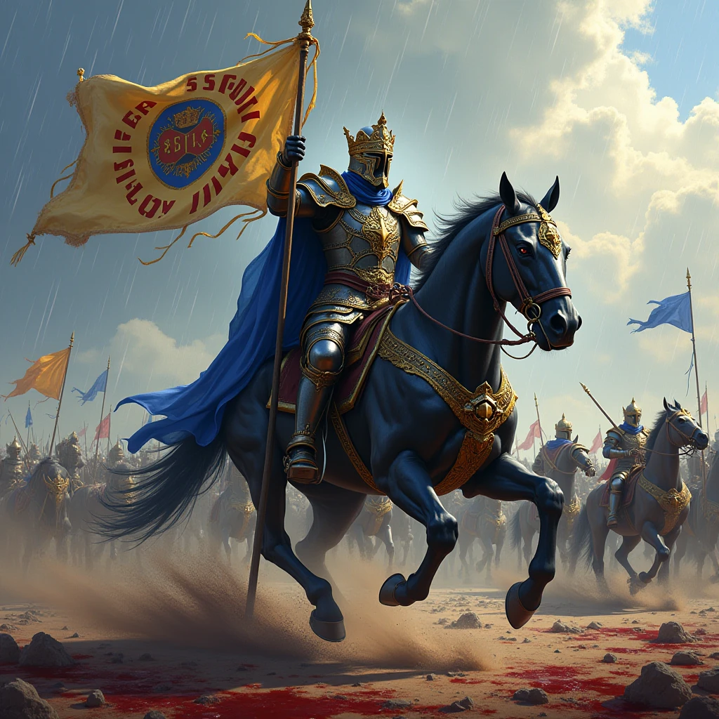 Medieval army,Flags are flying in the sky,Everyone is on the look
