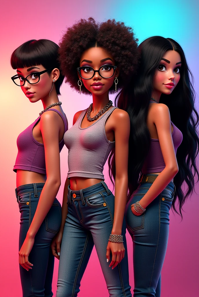  A sexy black woman in beautiful jeans and white crop top posing gracefully for a photo, beauty in jeans, curly hair, Waist slender, Sexy black girl, mulher de corpo inteiro, wearing jeans, beautiful seductive black woman, slender figure, cartoon vector style, corpo pin-up, Broad Hips