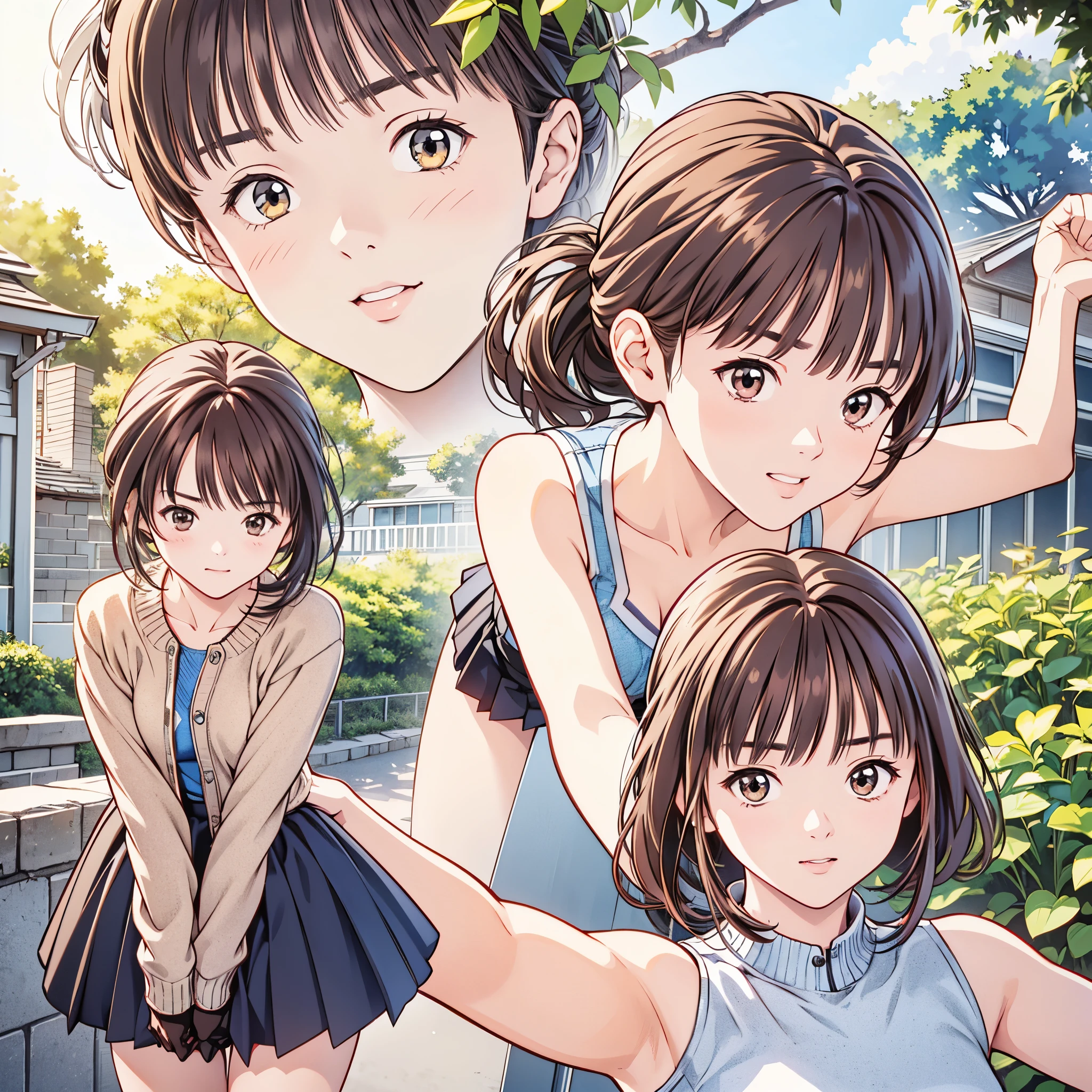 (8k、 best quality 、​masterpiece:1.2)、( realistic、highly detailed、 super A high resolution、 2 girls、(One person has silver hair 、一人は tea hair )、 beautiful detailed faces、smile、narrow、( Slim Waist ) :1.3)、summer服、summer   、 skin texture、 floating hair、  Professional Lighting 、 high school、 tea hair、Shy、Mikity、 romantic 、((Junior high school st、、Ponytail、 