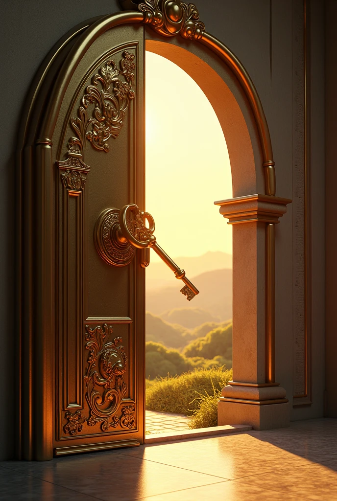 A golden key unlocking a massive, ornate door, behind which a bright and hopeful landscape is revealed, symbolizing education opening doors to success